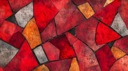 Poster - Vibrant abstract pattern with red, orange, and gray shapes on textured surface