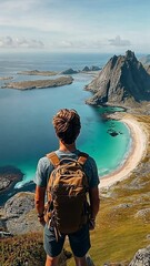 Wall Mural - a solitary hiker stands on a mountaintop, taking in the breathtaking view of a secluded beach. the t