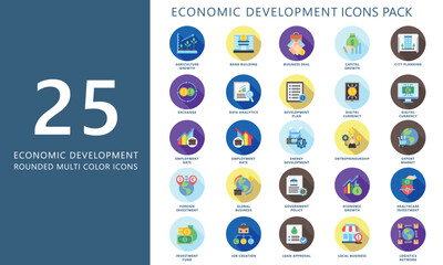 Economic development rounded color icons set. contain digital money, export, analysis, development, exchange, investment and more. Vector EPS 10 for UI or UX kit, web and app, business, finance.