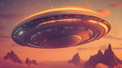 Wall Mural - futuristic spaceship hovering over a mountainous alien landscape at sunset.