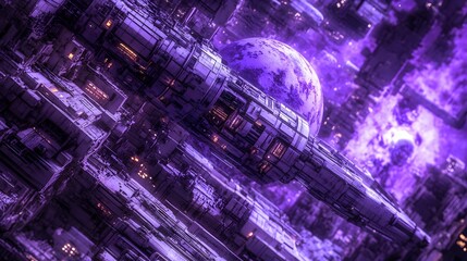 Wall Mural - futuristic spaceship orbiting a purple planet in a dense, complex space station.