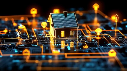 Poster - smart home technology represented with a glowing house icon over a circuit board design