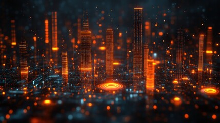 Poster - Futuristic Cityscape with Glowing Skyscrapers and Radiant Circles Illuminating the Skyline in an Abstract Digital Environment
