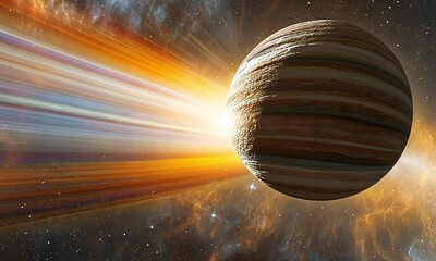 Wall Mural - a stunning cosmic view of a gas giant planet with striking colorful nebula and light emitting from t