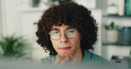 Aufkleber - Thinking, serious and coding in office, man and IT specialist with glasses, planning or online. Contemplating, programmer and ideas for cybersecurity, professional or troubleshooting of software
