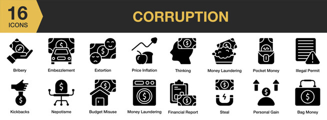 Wall Mural - Corruption solid icon set. Includes crime, illegal, pay, criminal, law, justice, and More. Solid icons vector collection.