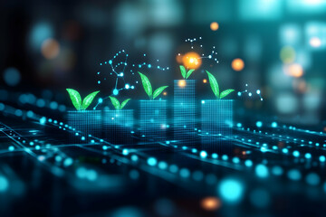 Poster - Growing business graph with green leaves.