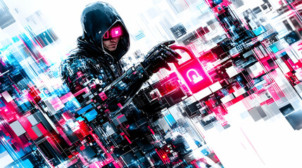 Poster - Hacker unlocking digital padlock in futuristic cyberspace.