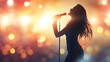 © Vitaliy - A silhouetted female singer passionately performing on stage, illuminated by vibrant bokeh lights, creating a lively and energetic atmosphere.