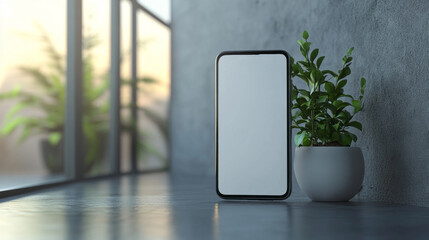 Poster - A sleek, blank smartphone sits beside a bright potted plant on a smooth surface, bathed in soft sunlight from large windows, creating a calm vibe in a modern space
