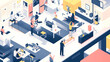© visual artstock - Isometric illustration of a busy, modern office with diverse employees working collaboratively at desks and computers.