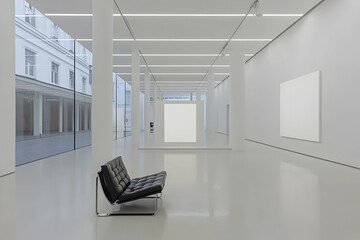 Poster - Modern art gallery interior with empty canvases and chair.