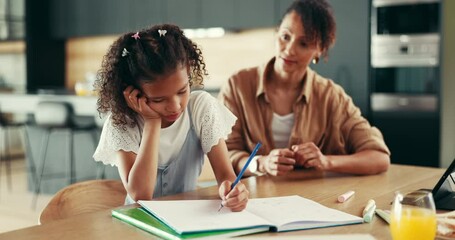 Poster - Mom, teaching and daughter with learning difficulty, lazy or stress for homework, education or ADHD at home. Mother, kid or homeschooling child with academic challenges, dyslexia or mental disorder