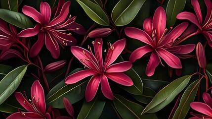 Wall Mural - lush crimson flowers and deep green leaves create a vibrant, rich floral pattern.