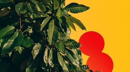 Wall Mural - lush green foliage against a vibrant yellow background with red circles.