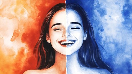 Poster - Dynamic duality portrait of joy and serenity artistic expression colorful environment close-up view