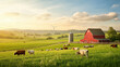 © Nano Photos - A peaceful farm scene with cows grazing in a lush green field, a red barn, silo, and wind turbine in the background under a blue sky.