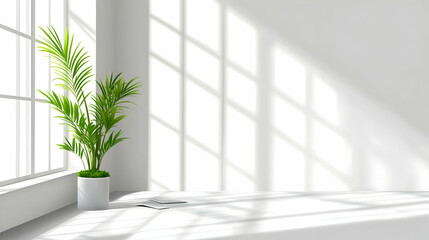 Wall Mural - Minimalist white room with large window, sunlight, and potted plant.