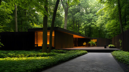 Poster - A modern house nestled in a lush green forest, featuring sleek architecture and warm lighting, surrounded by trees and a tranquil pathway