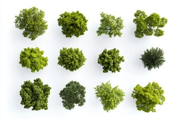 Poster - Top view of 12 green trees isolated on white background.