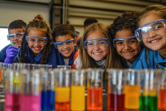 A group of young students all safety equipment engaged in a science experiment in a laboratory