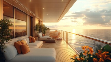 Poster - A stunning balcony overlooks the ocean during sunset, featuring cozy seating and vibrant plants, creating a serene atmosphere ideal for relaxation.