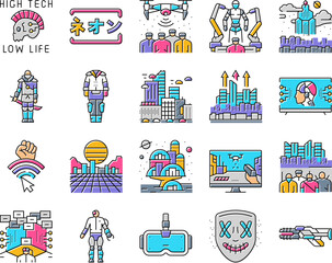 Wall Mural - cyberpunk digital city future icons set vector. cyber technology, modern street, night light, building urban, fantasy, town blue cyberpunk digital city future color line illustrations