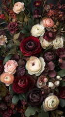 Aufkleber - A stunning collection of dark moody flowers showcases rich shades of burgundy, cream, and soft pink