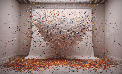 Poster - Room with a white wall and a large pile of confetti on the floor. The confetti is scattered all over the floor and the wall