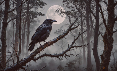 Aufkleber - Black crow is perched on a tree branch. The moon is in the background. The sky is dark and cloudy