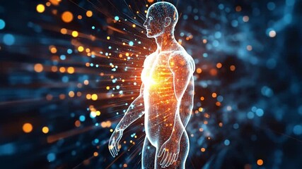 Poster - Human figure surrounded by glowing particles and energy in a vibrant digital scene