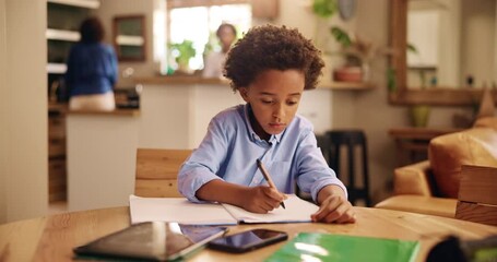 Poster - Child, writing and homework with book for education, learning or childhood development at home. Kid, boy or young student with notes for school project, assignment or homeschooling on wooden table