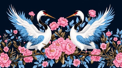 Naklejka na meble Two elegant cranes facing each other amidst blooming pink peonies and gold branches on a dark blue background.
