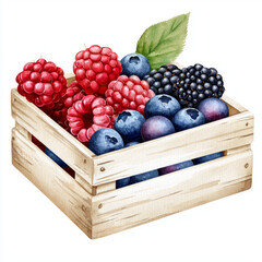 Wall Mural - watercolor fresh assortment of berries including raspberries, blueberries, and blackberries in wooden crate, showcasing vibrant colors and natural beauty.