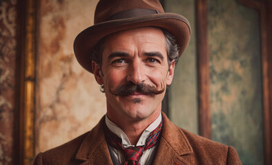 Poster - Man with a mustache and a hat. He is wearing a brown coat and a red tie