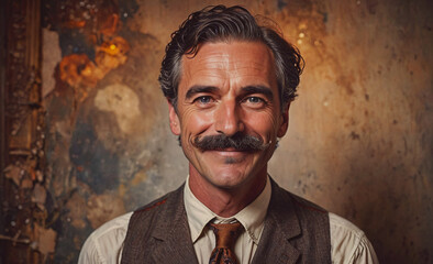 Poster - Man with a mustache and a tie is smiling. He is wearing a vest and a tie