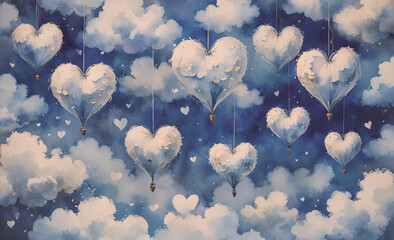 Poster - Painting of clouds with many white hearts hanging from them. The hearts are scattered throughout the painting, with some closer to the bottom and others higher up