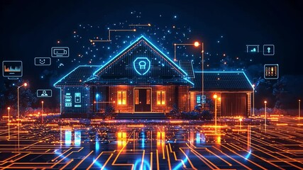 Poster - High-tech house illuminated with digital elements at night showcasing smart home security features