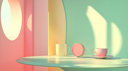 Wall Mural - Pastel-colored mugs and saucer on a round table in a minimalist room with sunlight.