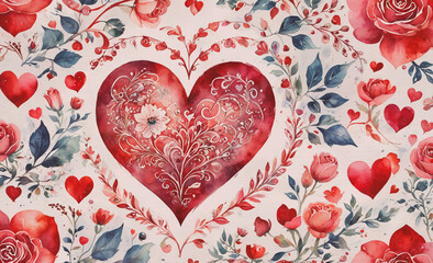 Poster - Heart with flowers and roses is on a white background. There are many roses in the design