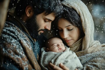 Mary and Joseph lovingly cradle baby Jesus in a serene Christmas nativity portrait surrounded by falling snow