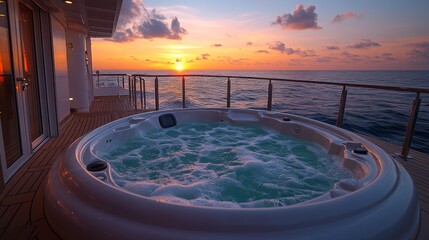 Poster - A luxurious hot tub filled with bubbling water is set on a cruise ship balcony, overlooking the ocean as the sun sets, creating a serene atmosphere.