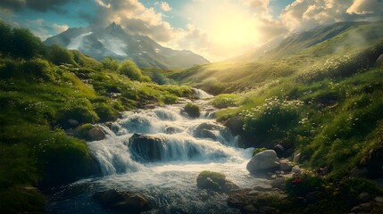 Wall Mural - Scenic mountain stream cascading down rocks, lush greenery, sunlit.