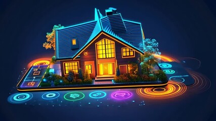 Poster - Smart home technology concept featuring a modern house with illuminated features at night