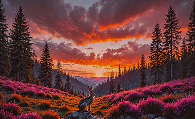 Poster - Rabbit is sitting in a field of flowers. The sky is orange and pink. There are trees in the background