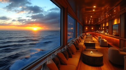 Poster - A spacious lounge with large windows showcases breathtaking ocean views as the sun sets. Cozy seating invites relaxation in a tranquil atmosphere.