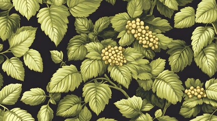 Wall Mural - Seamless pattern of green leaves and light yellow grapes on a dark background.