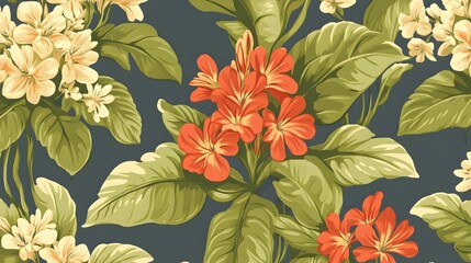 Wall Mural - seamless pattern of red and cream flowers with green leaves on a dark background.