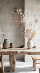 Fototapete - A beautifully crafted driftwood dining table showcases an array of rustic pottery and a stunning vase filled with dried flowers, creating a tranquil atmosphere in a minimalist room