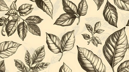 Wall Mural - seamless pattern of hand-drawn botanical illustrations of leaves on a beige background.